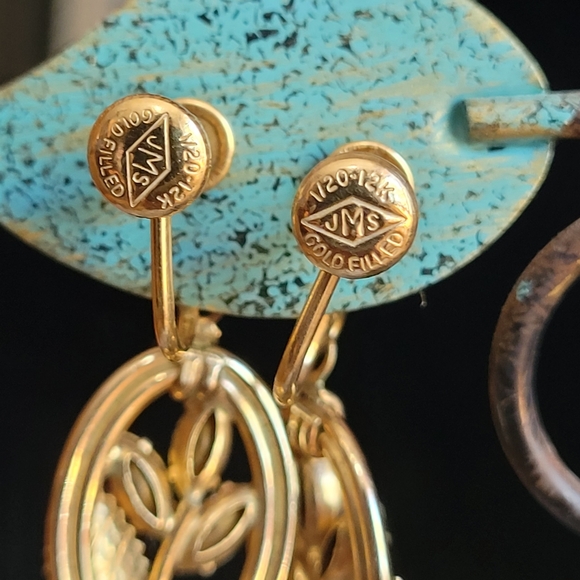 Vintage JMS 12k Gold Green Rhinestone Earrings - Picture 3 of 4